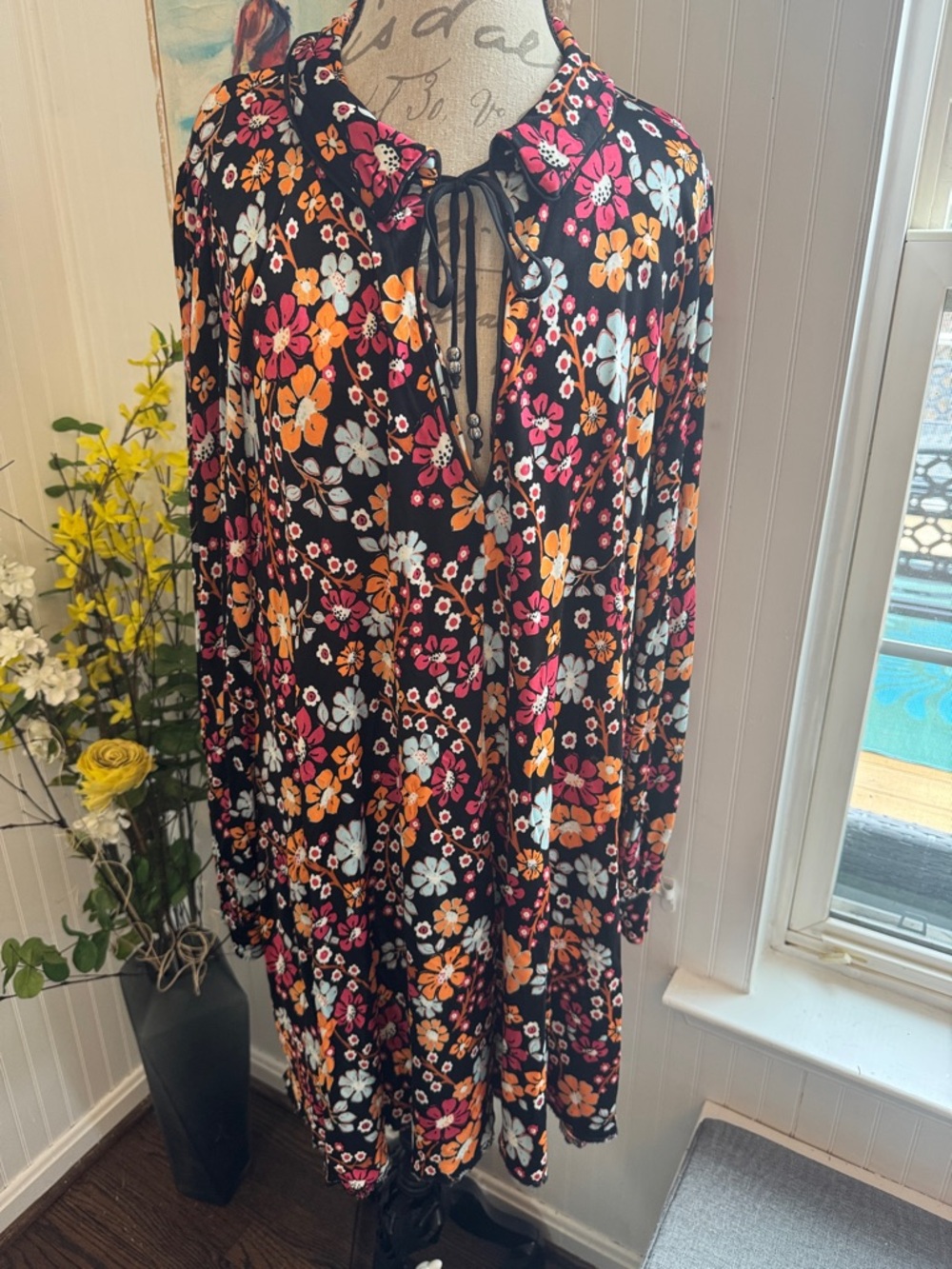 Free People Black Floral Long Sleeve Tie-Front Dress in Pink, Orange, White